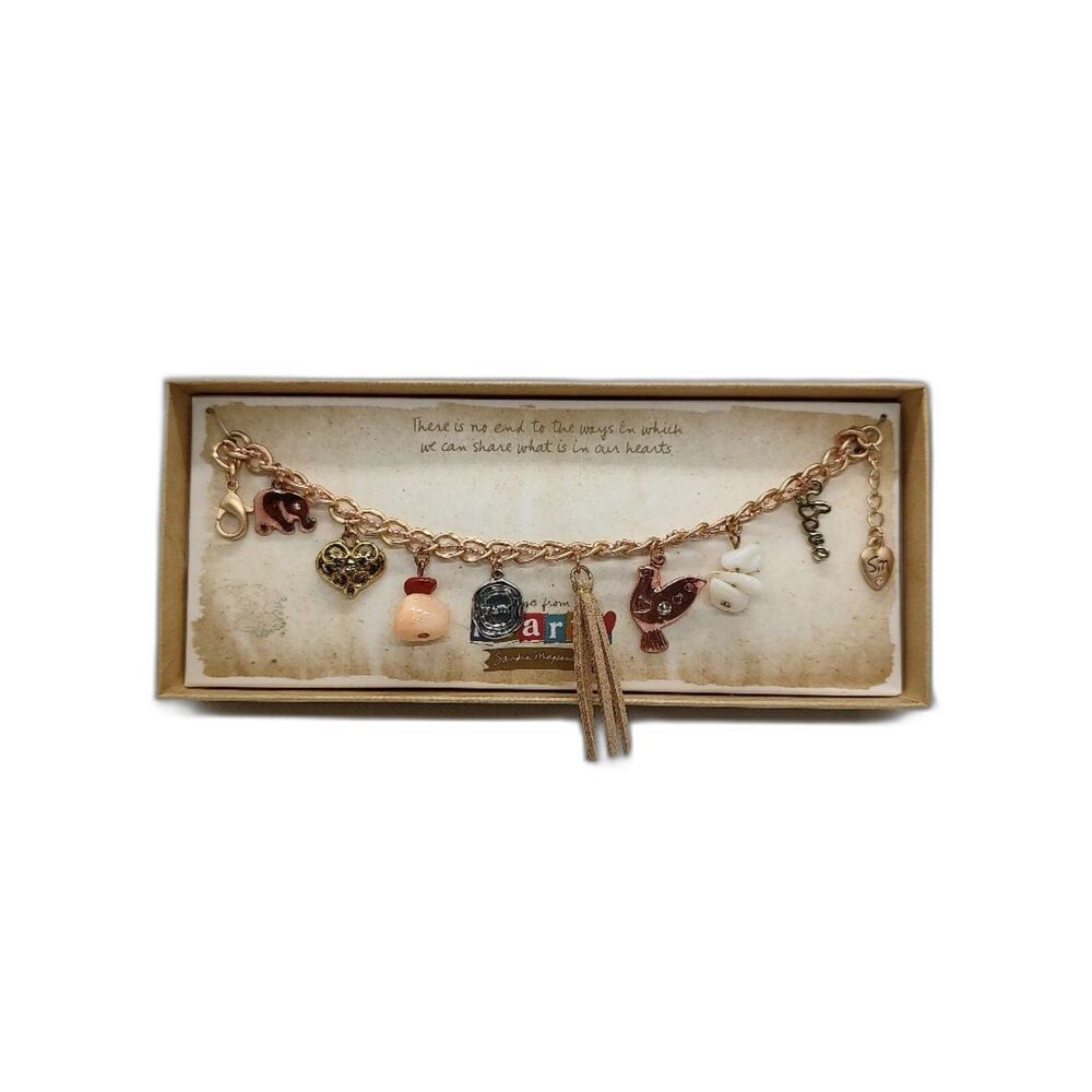 Sandra Magsamen Gold Tone Charm Bracelet 7" - 8" Elephant Heart Faith Dove Love